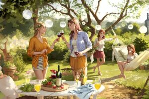 ai generated, garden party, nature, party, garden, hammock, friends, friendship, picnic, wine, women